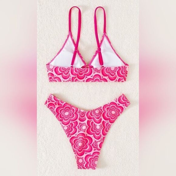 Pink Floral High Cut Bikini (S) - Picture 3 of 9